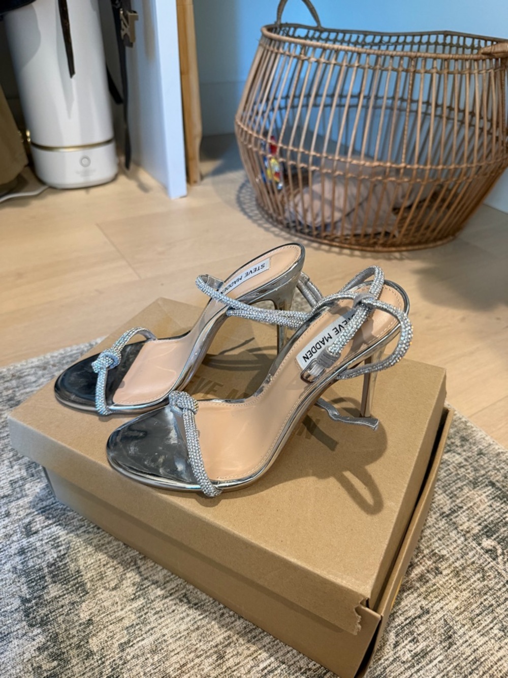 Steve Madden Silver Rhinestone Knotted Strappy Stiletto Sandals